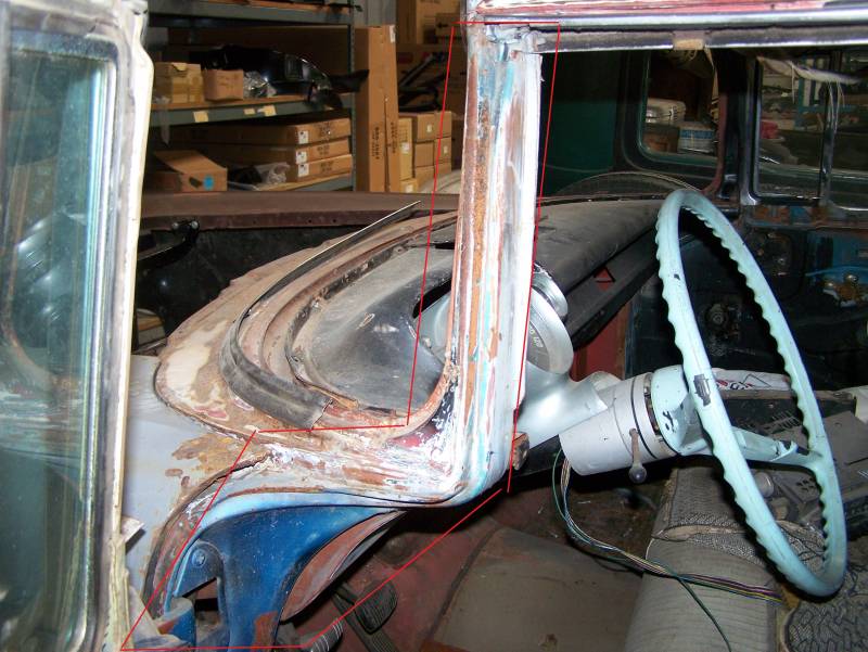 1957 Chevy Convertible Left Windshield Pillar/Upper Hinge Area Repair
