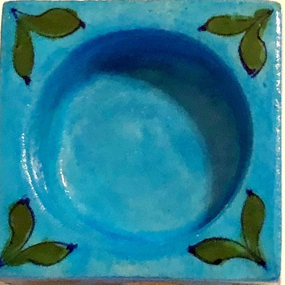 Blue Pottery Tea Light Holder Palmy Bird