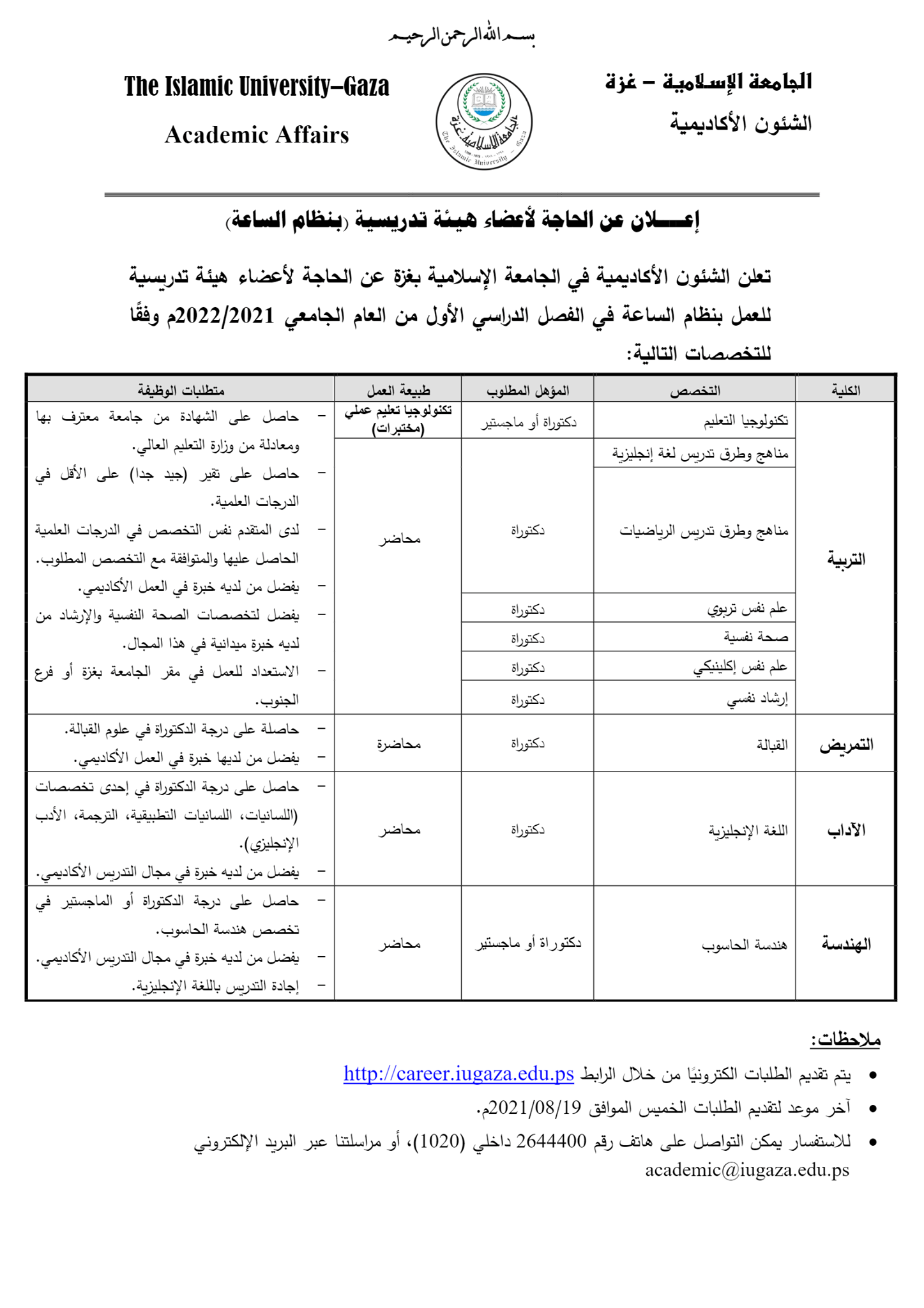 الجامعة الاسلامية بغزة تعلن وظائف شاغرة لأعضاء هيئة