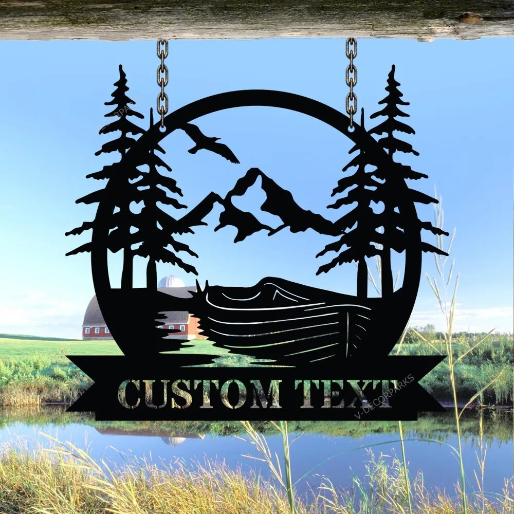 Custom Boat Lake Scene Metal Sign, Lake House Wall Decor, Boat Sign