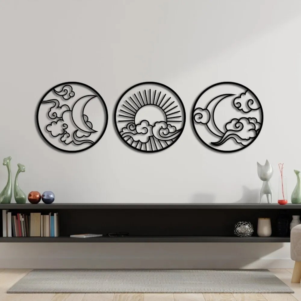 Set Of 3 Japanese Metal Wall Art, Moon Wall Art, Sunrise Wall Art