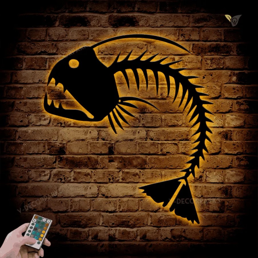 Fish Skeleton Metal Wall Art With Rgb Led Lights, Sea Creatures Iron