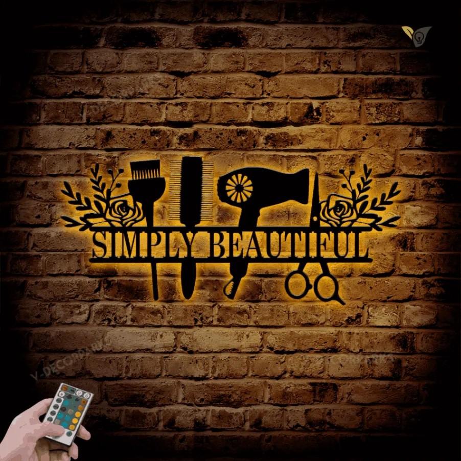 Custom Beauty Salon Metal Wall Art With Led Lights, Personalized Hair