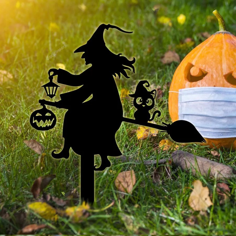 Witch And Black Cat Metal Yard Sign, Witch Yard Stake, Witch Metal Yard