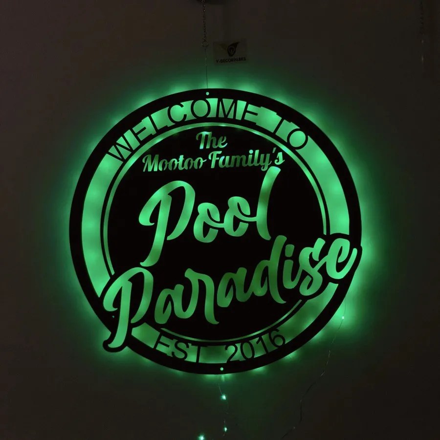 Custom Metal Pool Sign With Led Light, Pool Paradise Sign, Poolside