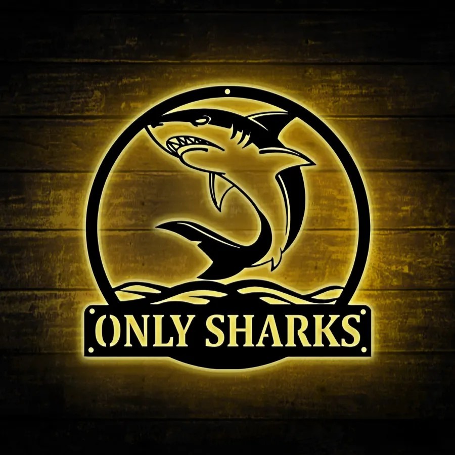 Custom Shark Monogram Metal Wall Art With Led Lights, Personalized