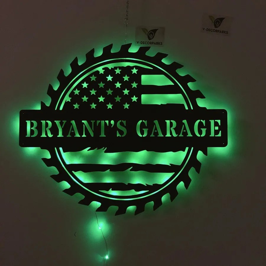 Custom Us Metal Garage Sign With Led Lights, Mechanic Garage Metal Wall