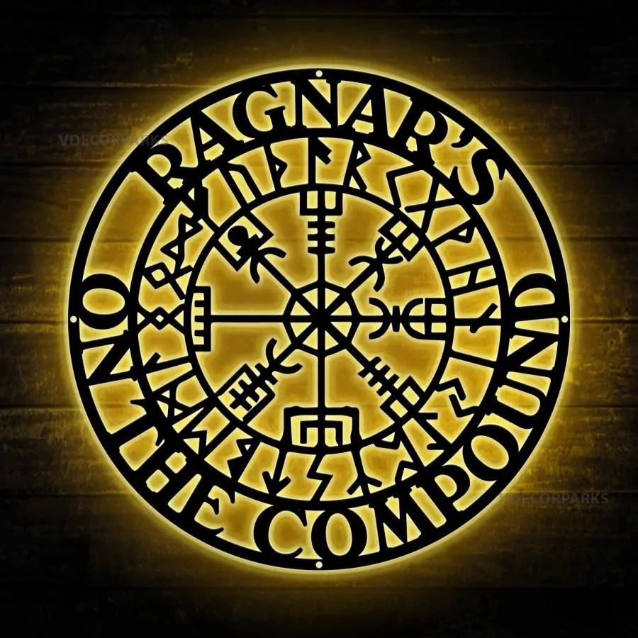 Vegvisir Viking Compass Metal Wall Art With Led Lights, Vegvisir Runic Compass Sign, Norse