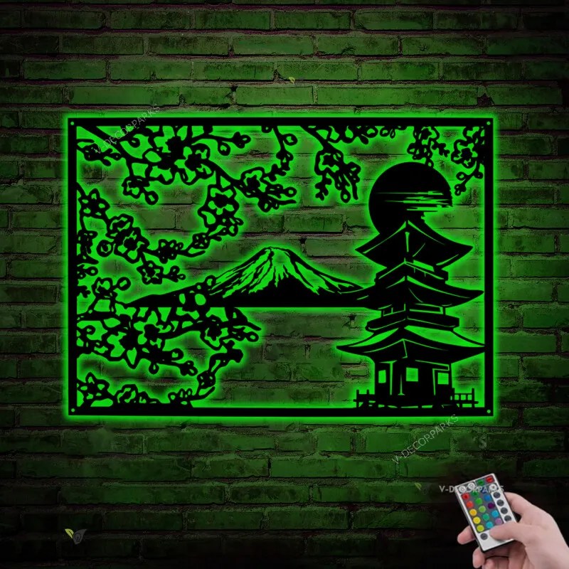 Japanese Metal Wall Art Led Light, Cherry Blossom Metal Wall Decor