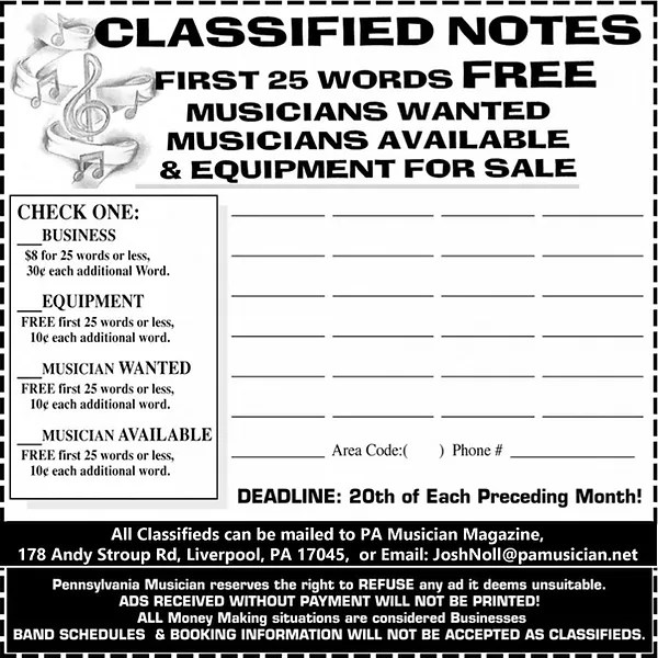 Classified Ad Pennsylvania Musician Magazine