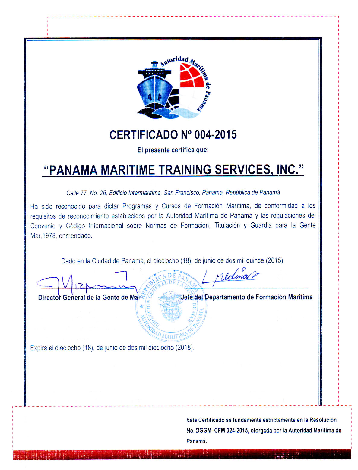 Panama Maritime Training Services » Authentication Certificate