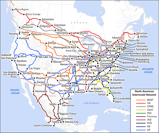 North America Railway Map North American intermodal rail hubs