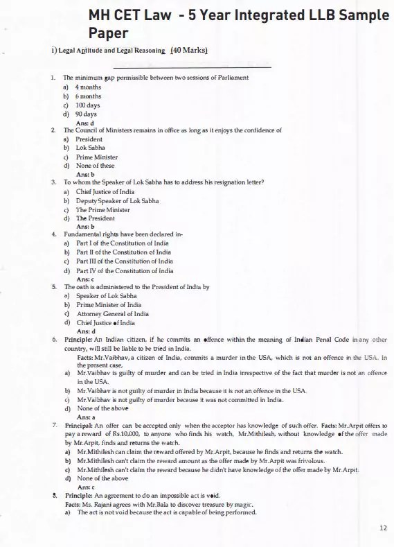 [PDF] MH CET Law Question Paper 2023 PDF Panot Book