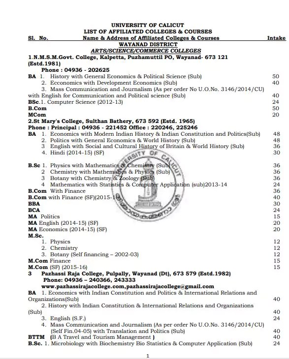 [PDF] Calicut University Colleges List And Courses PDF Panot Book