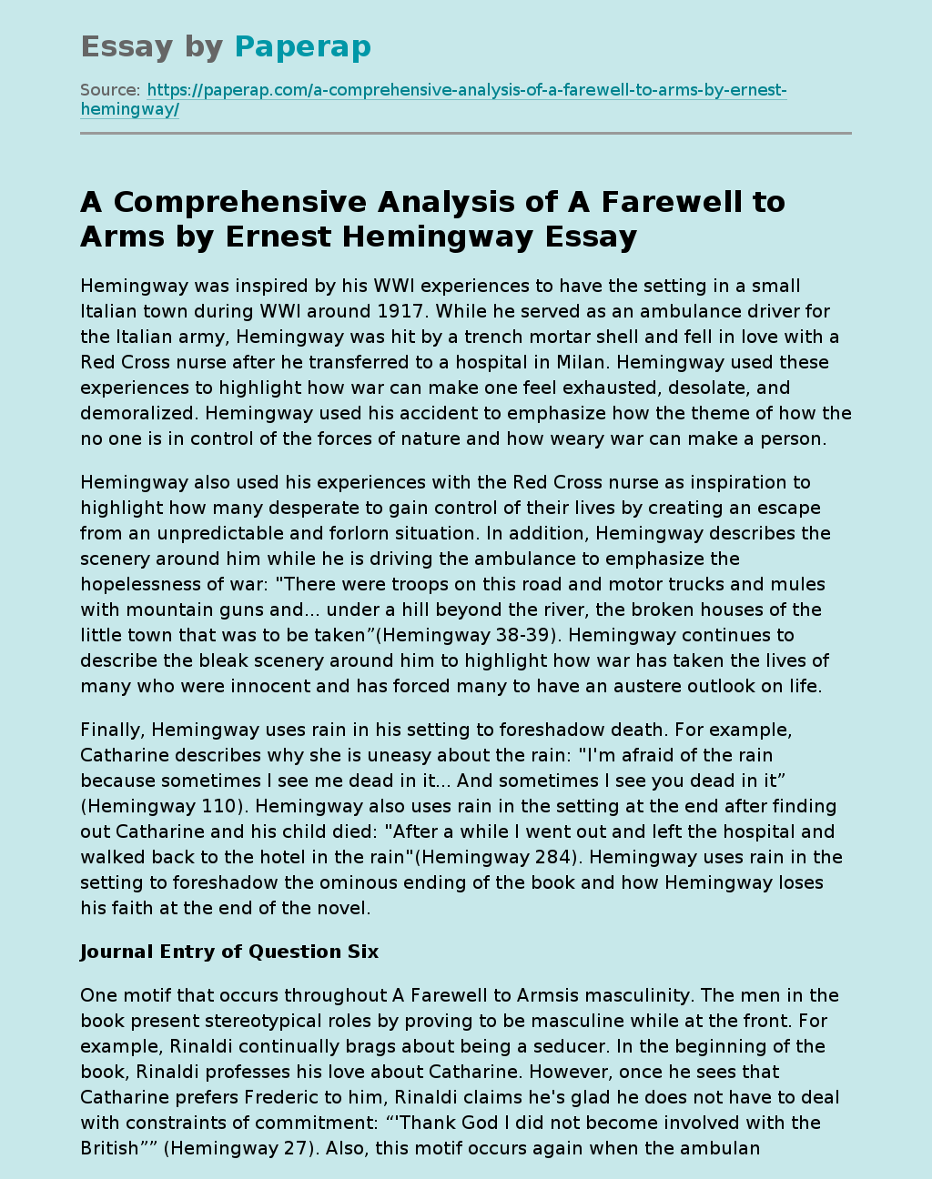 A Comprehensive Analysis of A Farewell to Arms by Ernest Hemingway Free