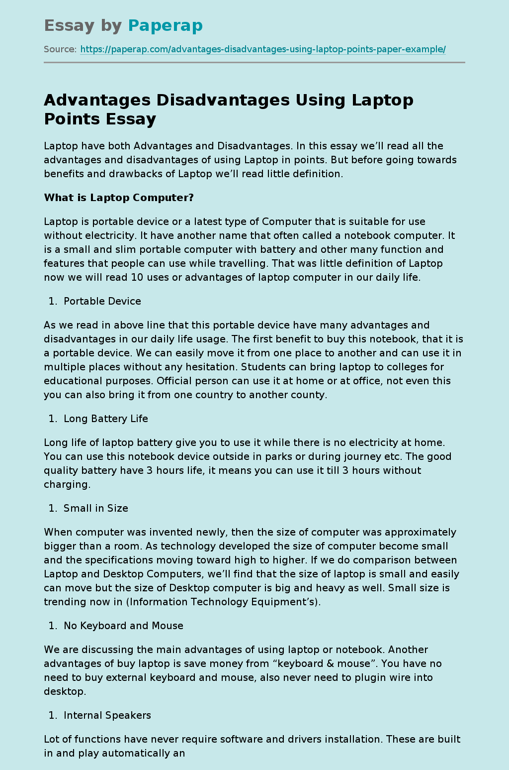 Advantages Disadvantages Using Laptop Points Free Essay Example