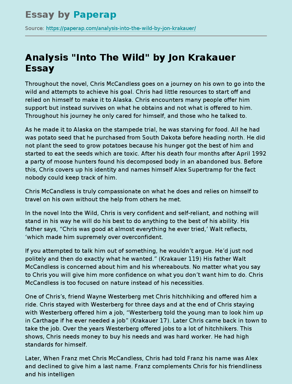 Analysis "Into The Wild" by Jon Krakauer Free Essay Example