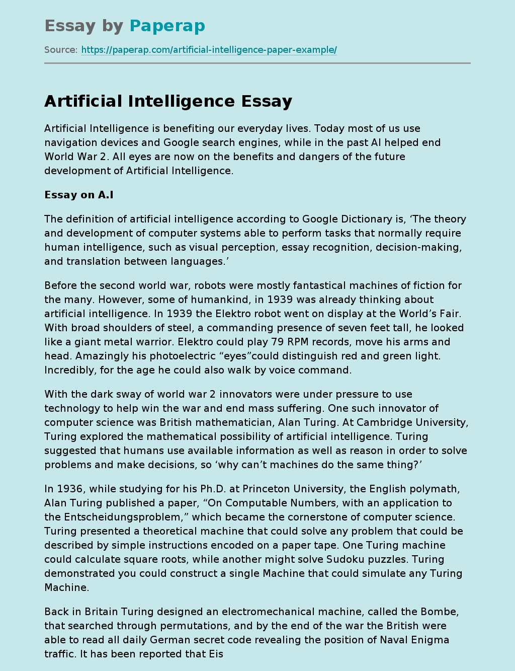 Artificial Intelligence Free Essay Example