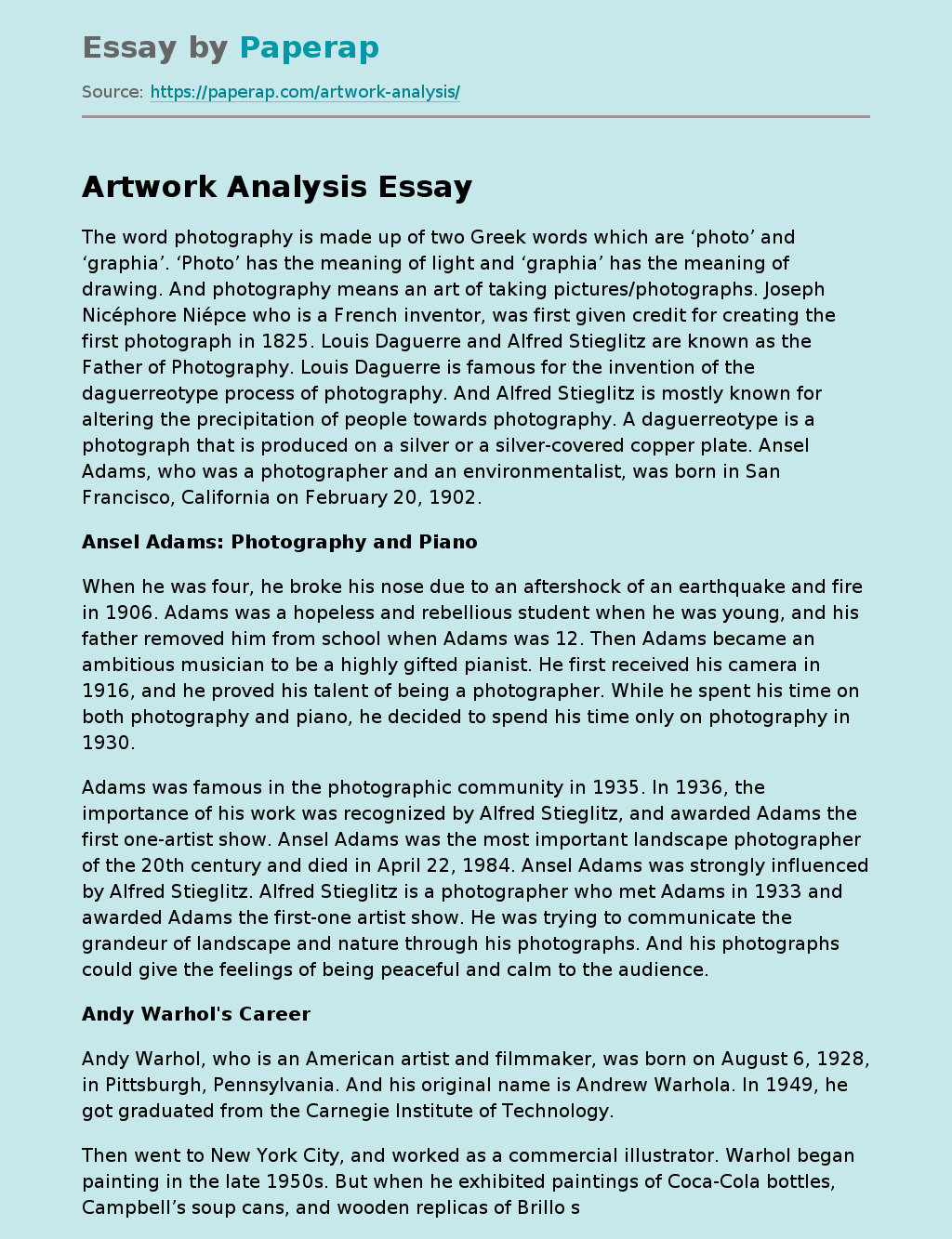 Artwork Analysis Free Essay Example