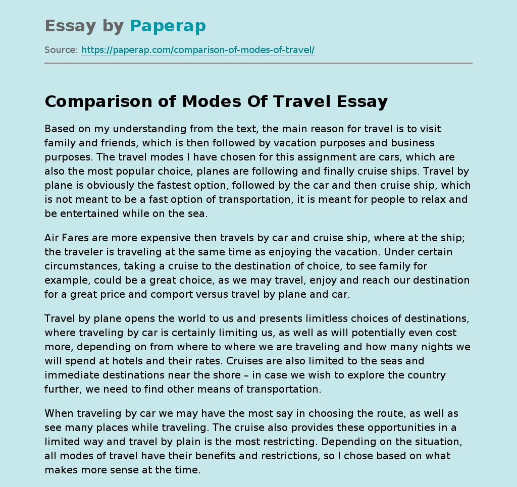 Comparison of Modes Of Travel Free Essay Example