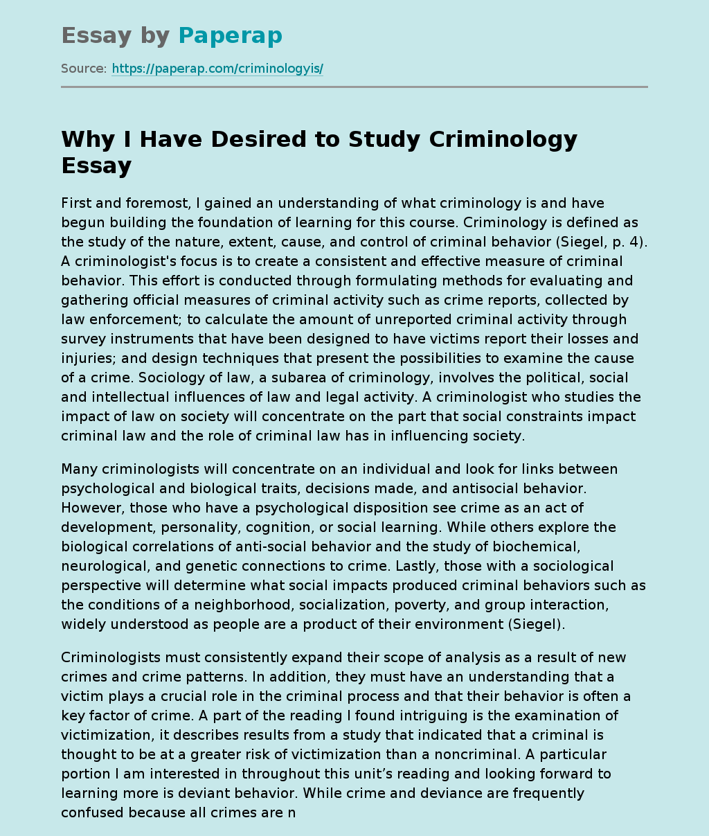 Why I Have Desired to Study Criminology Free Essay Example