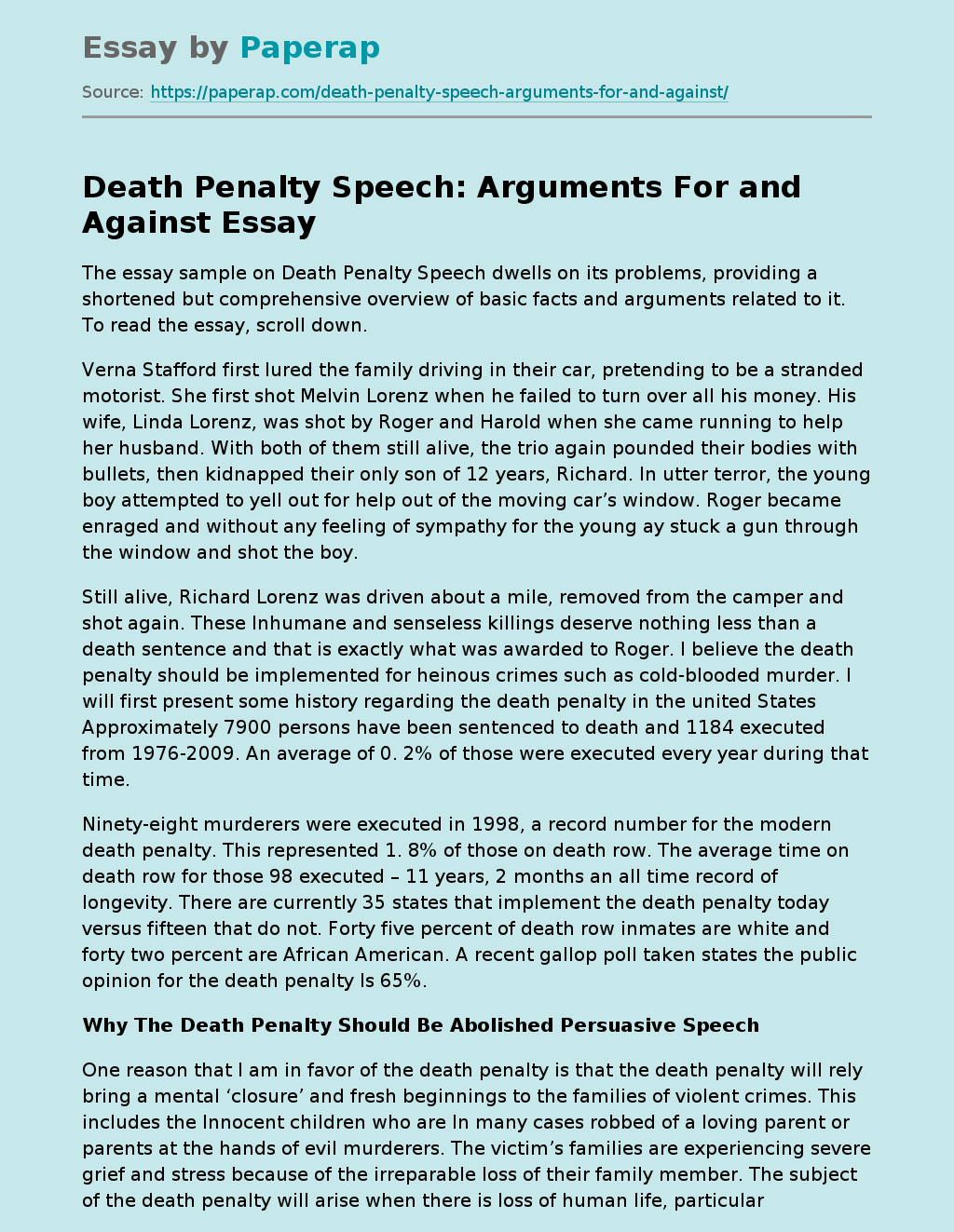 Death Penalty Speech Arguments For and Against Free Essay Example