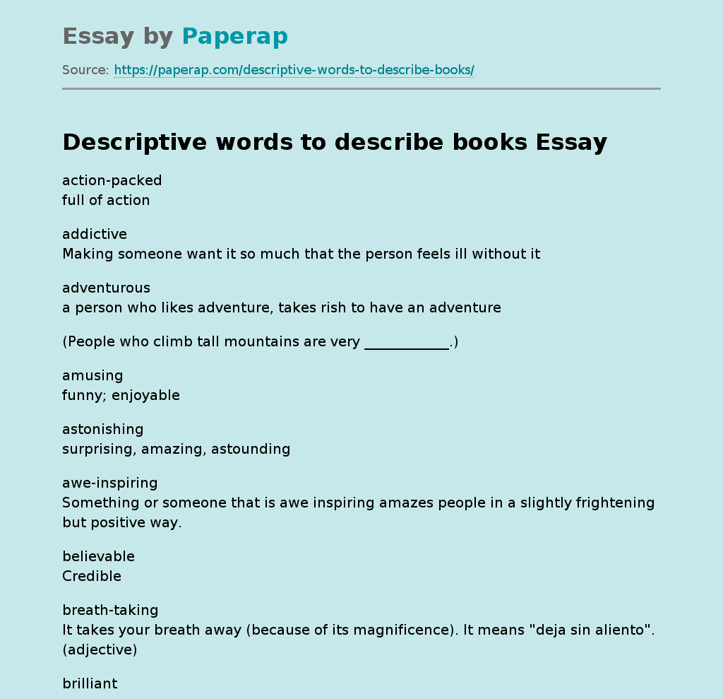 Descriptive words to describe books Book Review Essay Example