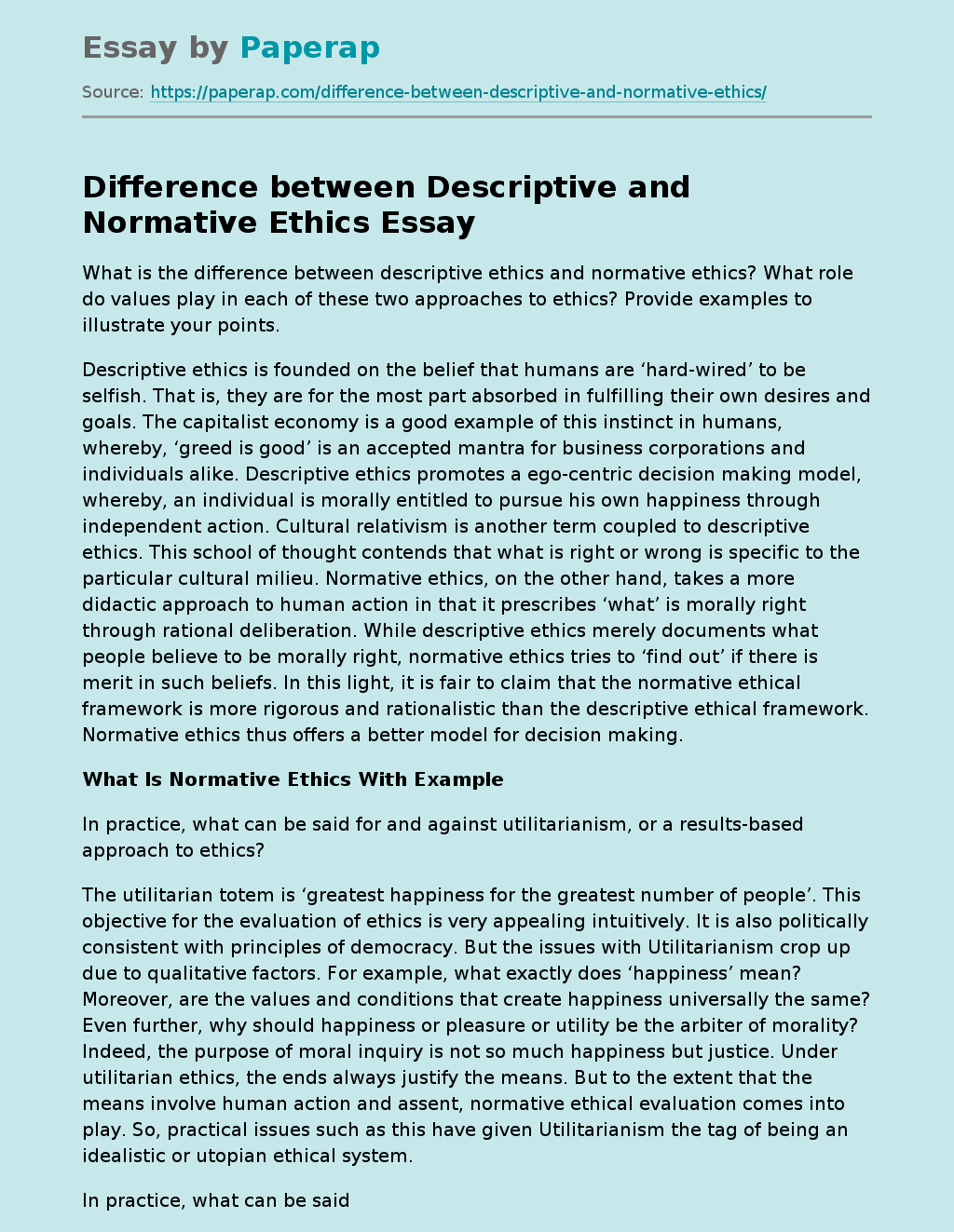Difference between Descriptive and Normative Ethics Essay Example