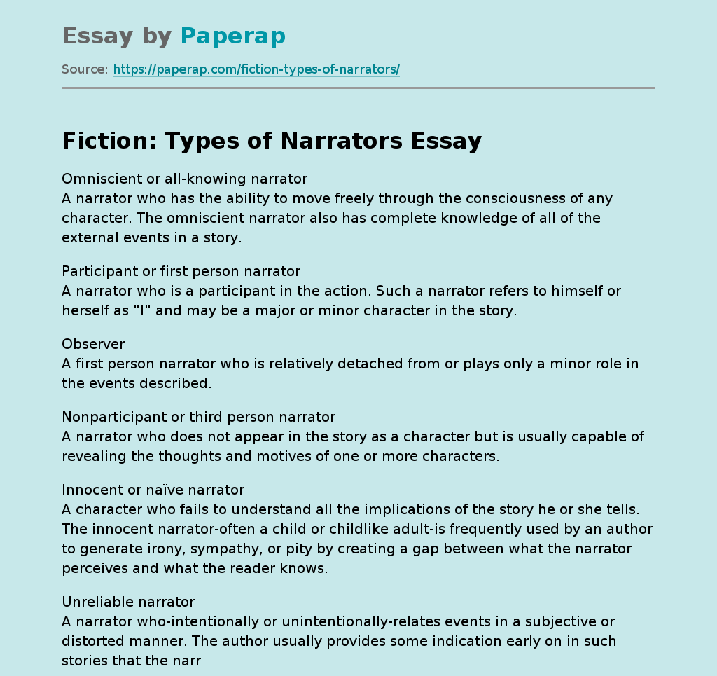Fiction Types of Narrators Free Essay Example
