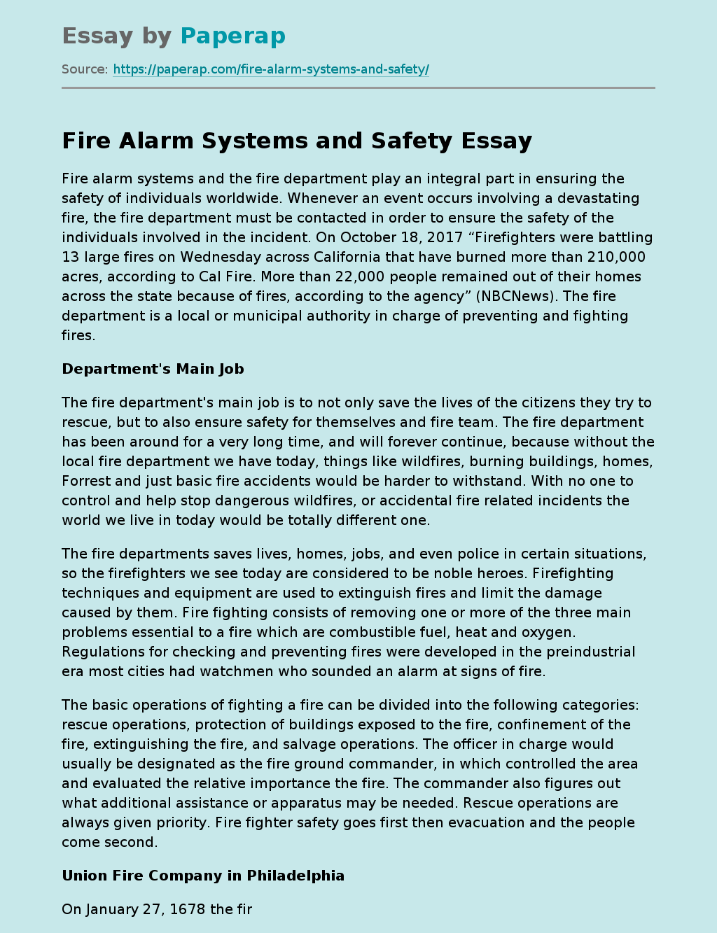 Fire Alarm Systems and Safety Free Essay Example