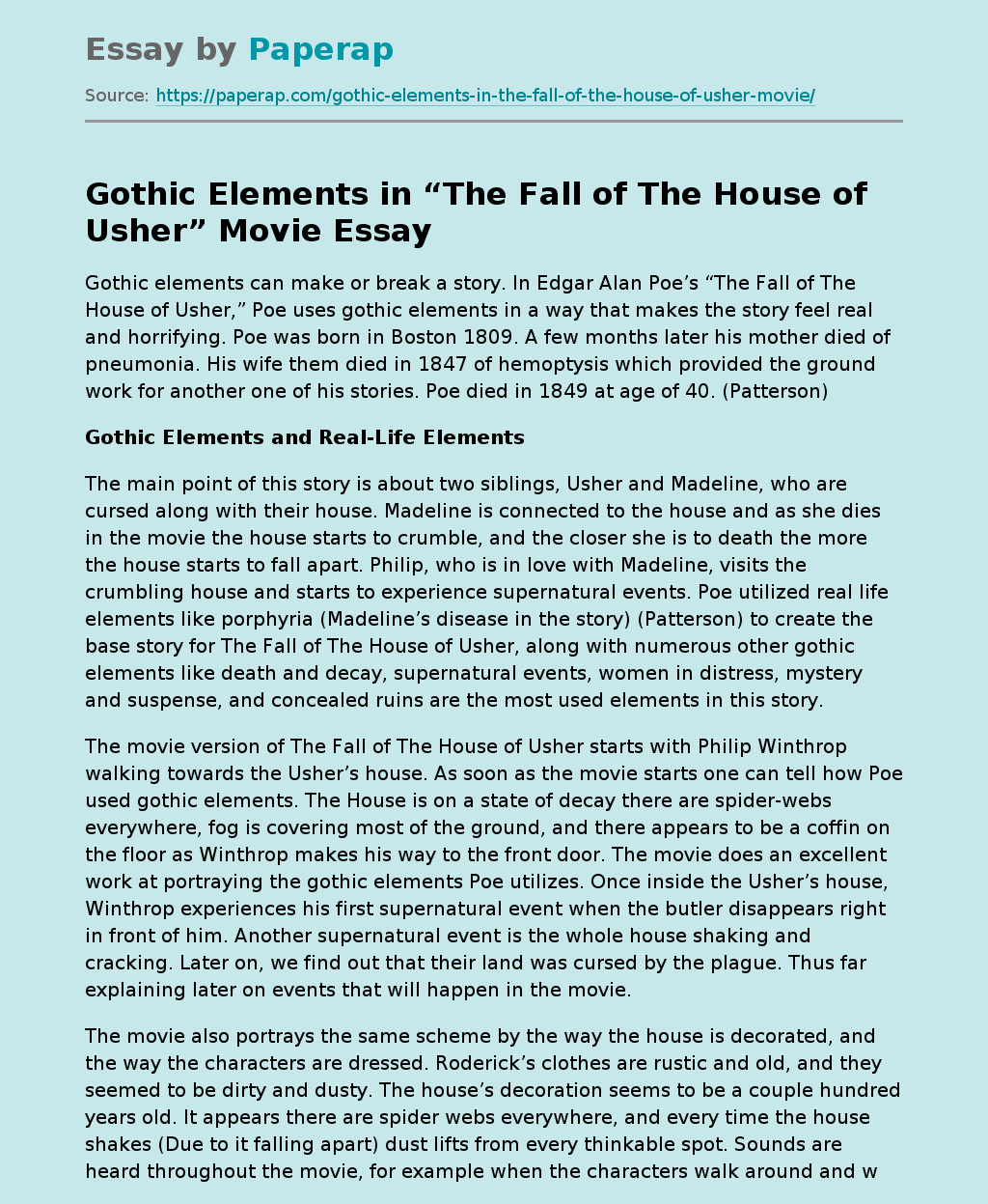 Gothic Elements in “The Fall of The House of Usher” Movie Free Essay