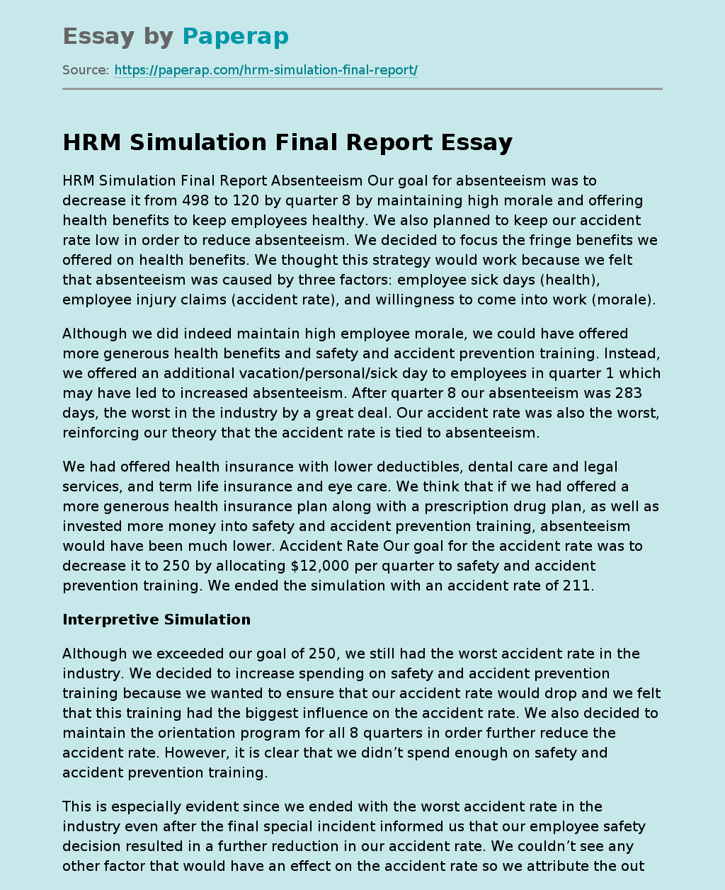 HRM Simulation Final Report Free Essay Example