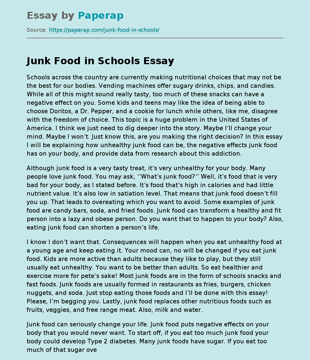 Junk Food in Schools Free Essay Example