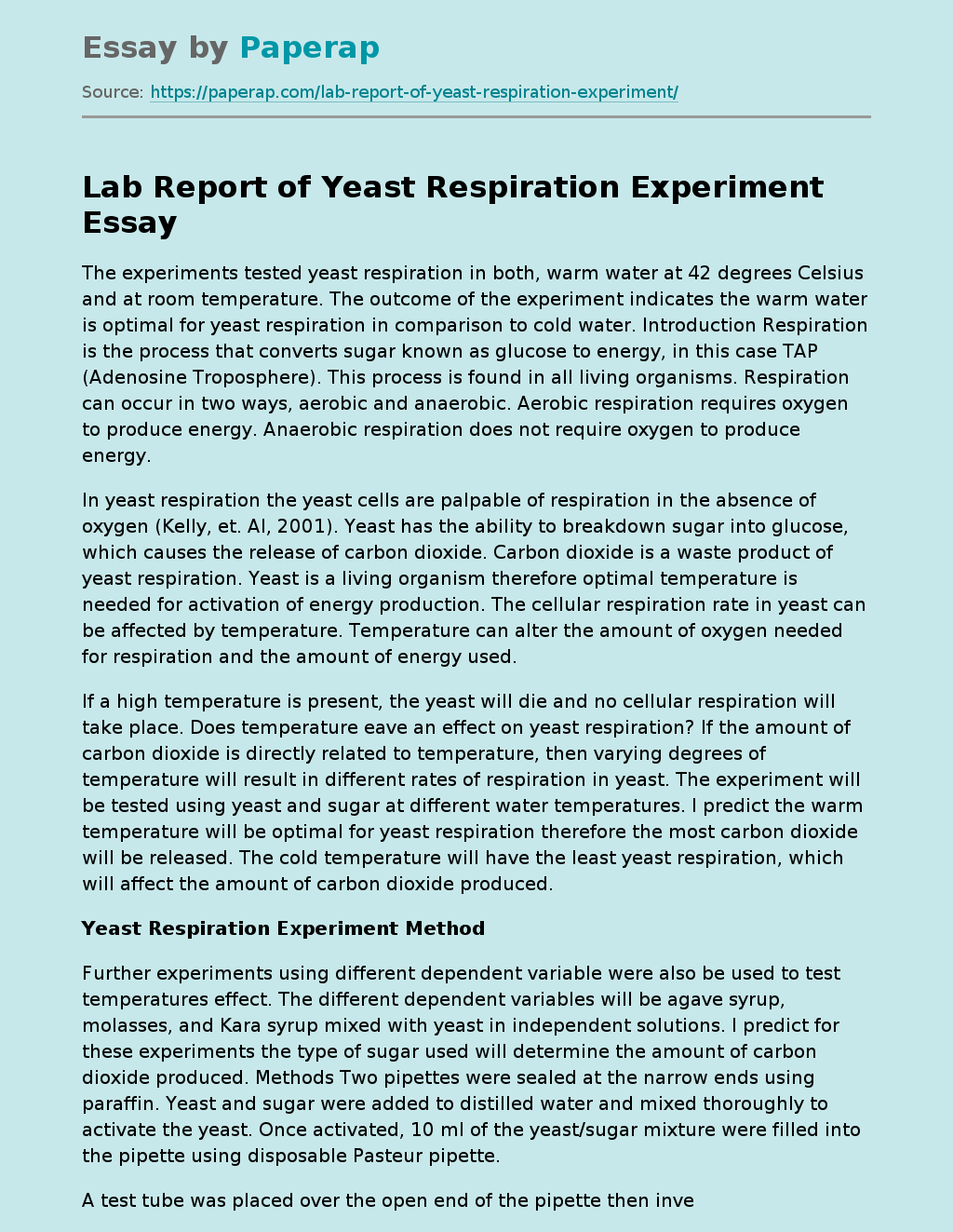 Lab Report of Yeast Respiration Experiment Free Essay Example