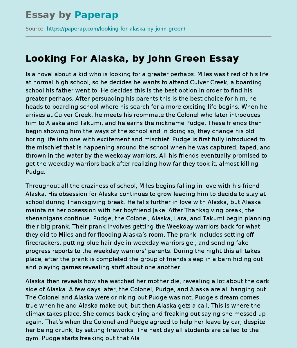 Looking For Alaska, by John Green Free Essay Example