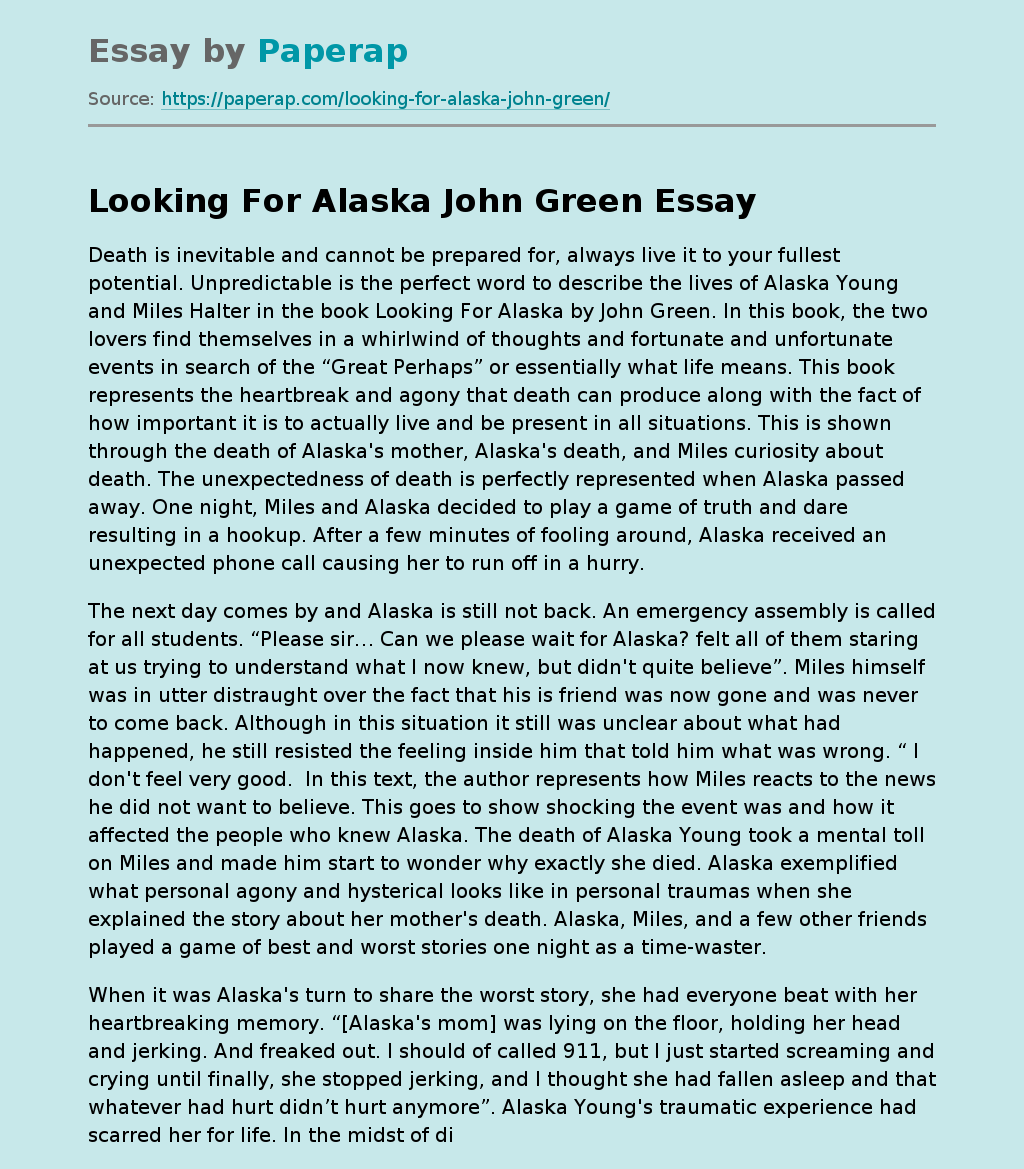 Looking For Alaska John Green Free Essay Example