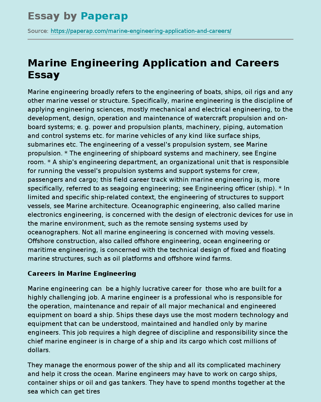 Marine Engineering Application and Careers Free Essay Example