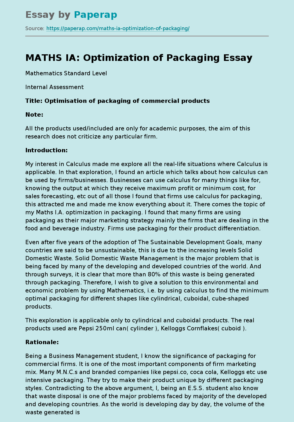 MATHS IA Optimization of Packaging Essay Example