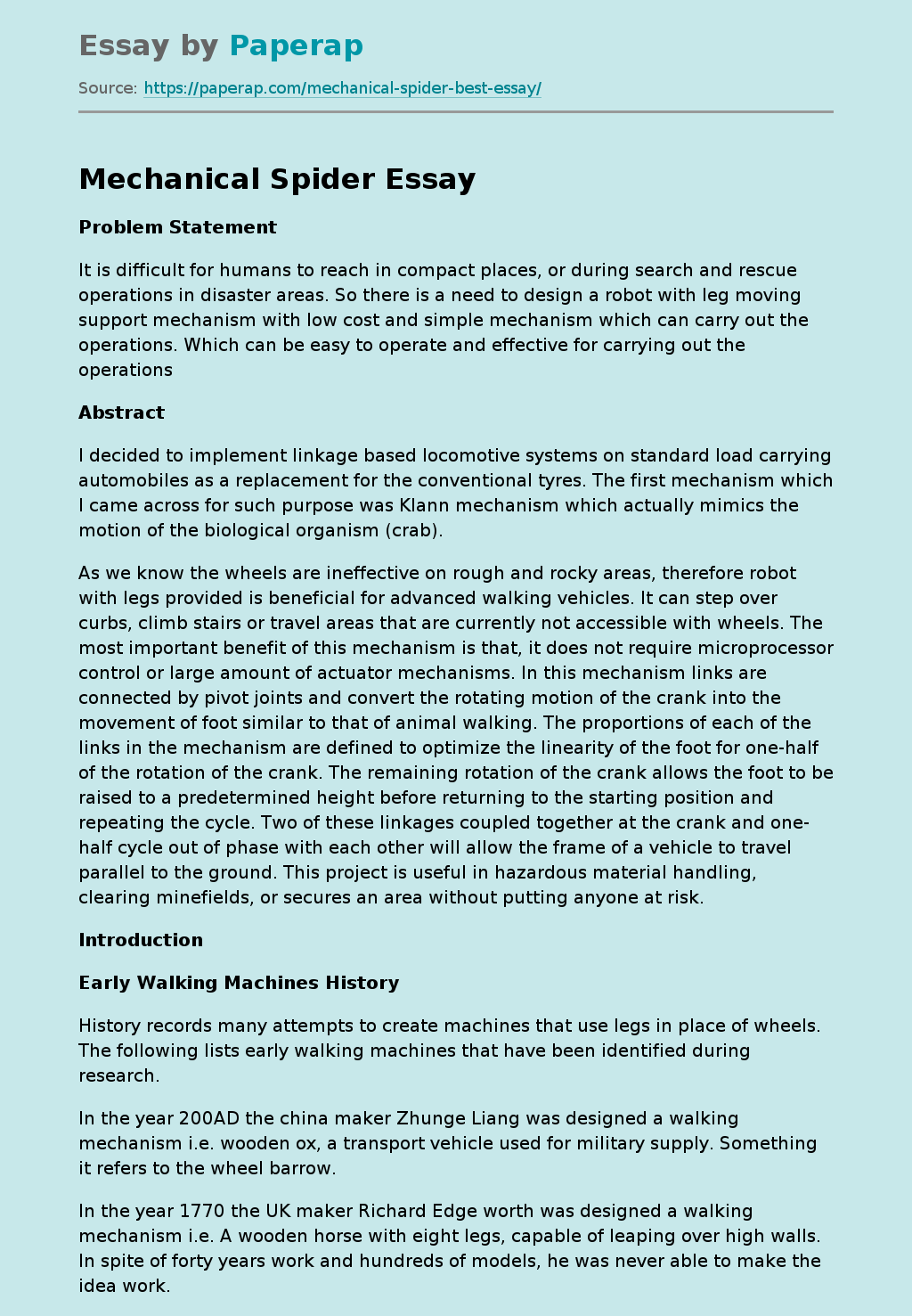 Mechanical Spider Free Essay Example