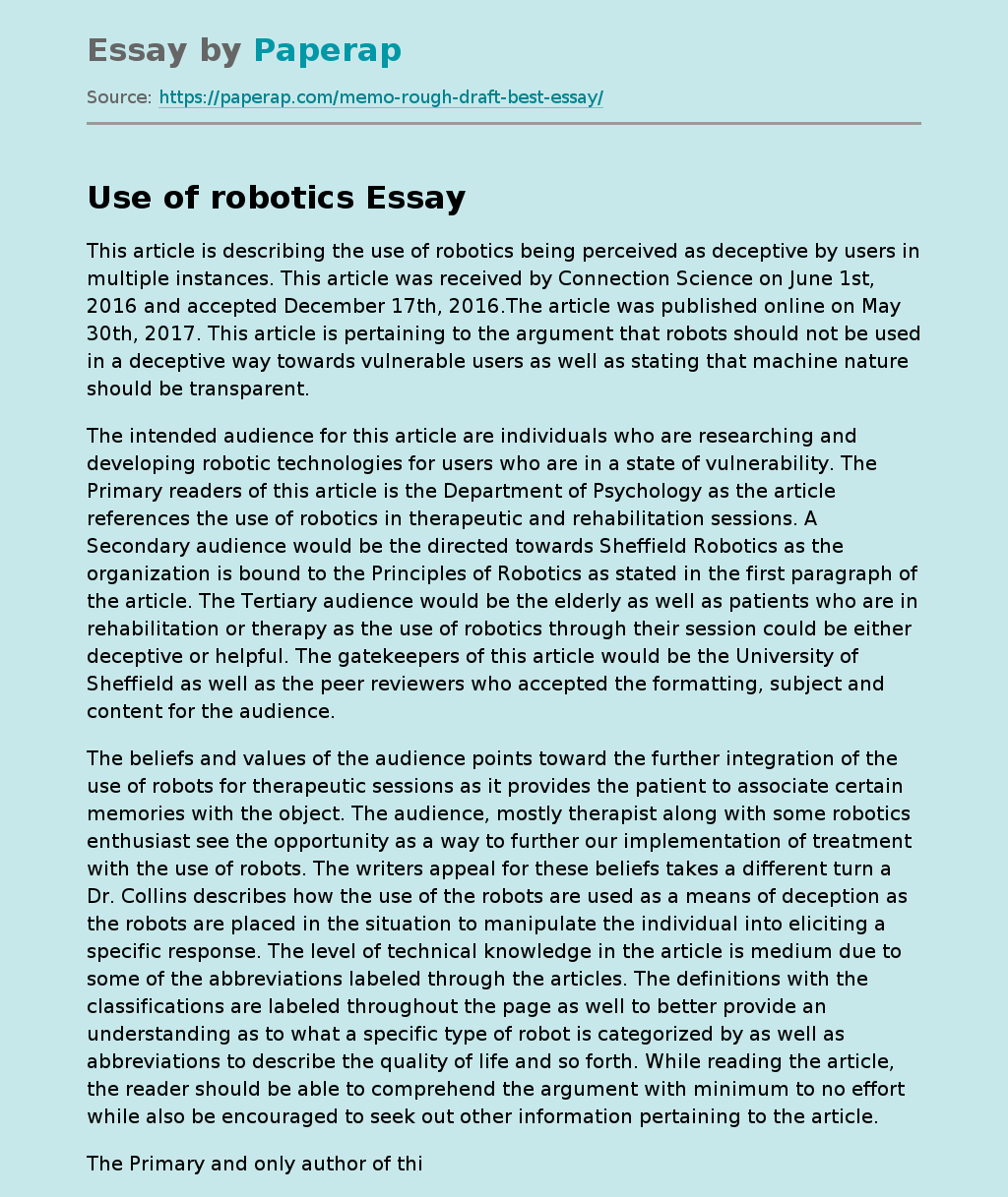 Use of Robotics Free Essay Example