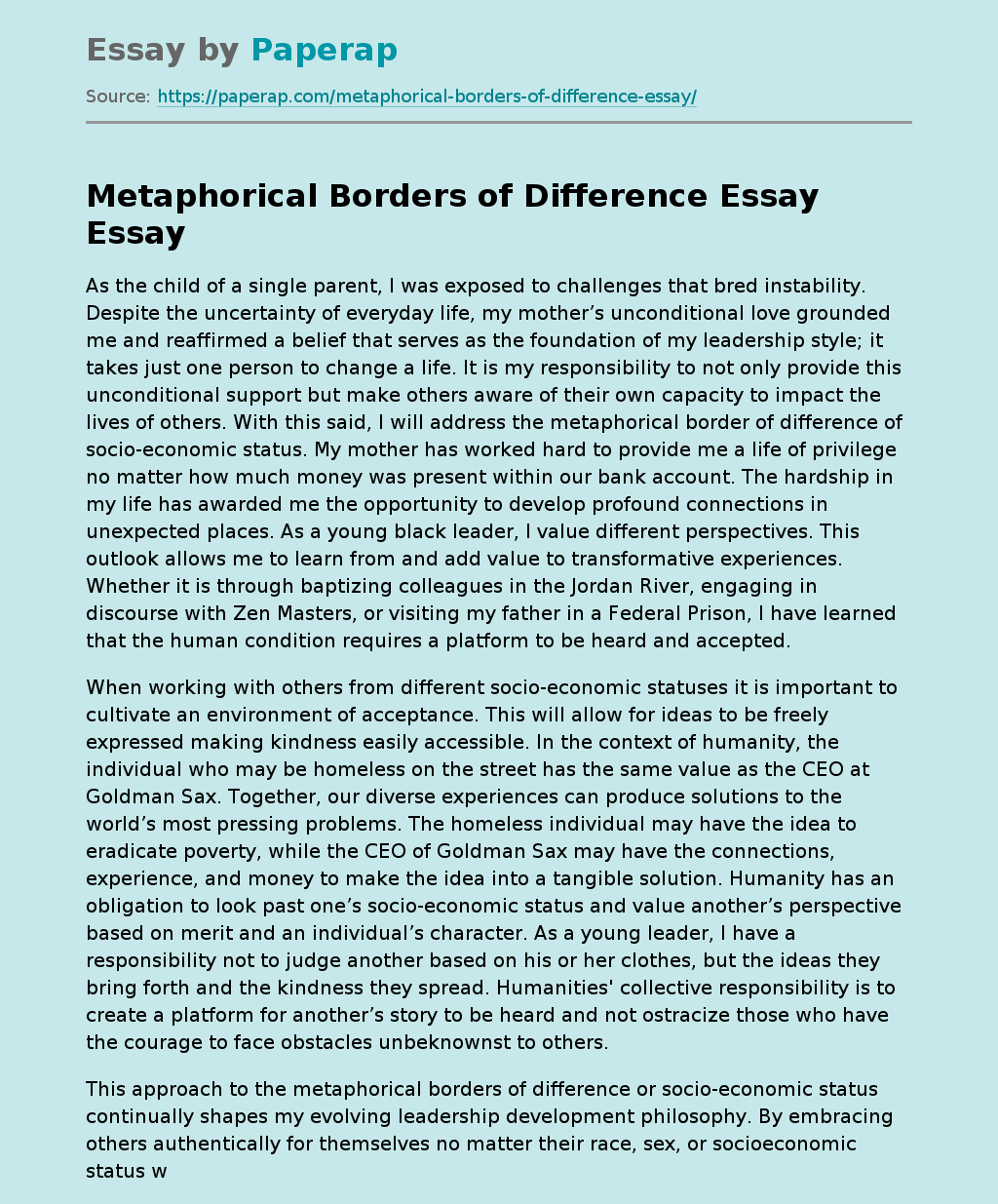 Metaphorical Borders of Difference Essay Free Essay Example