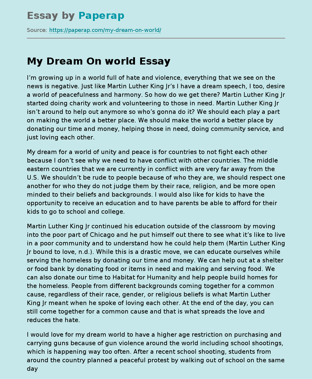 My Dream On world Free Essay Example