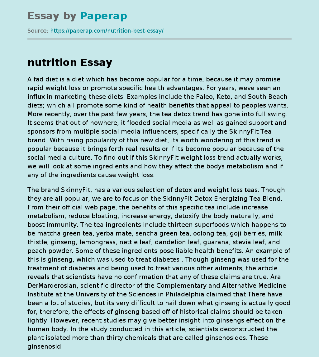 Nutrition and Diet Free Essay Example