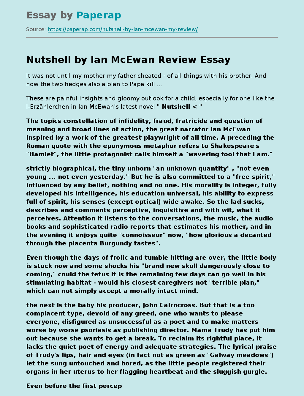 Nutshell by Ian McEwan Review Free Essay Example