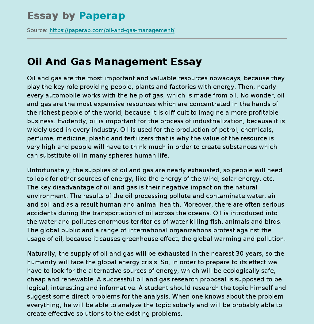 Oil And Gas Management Free Essay Example