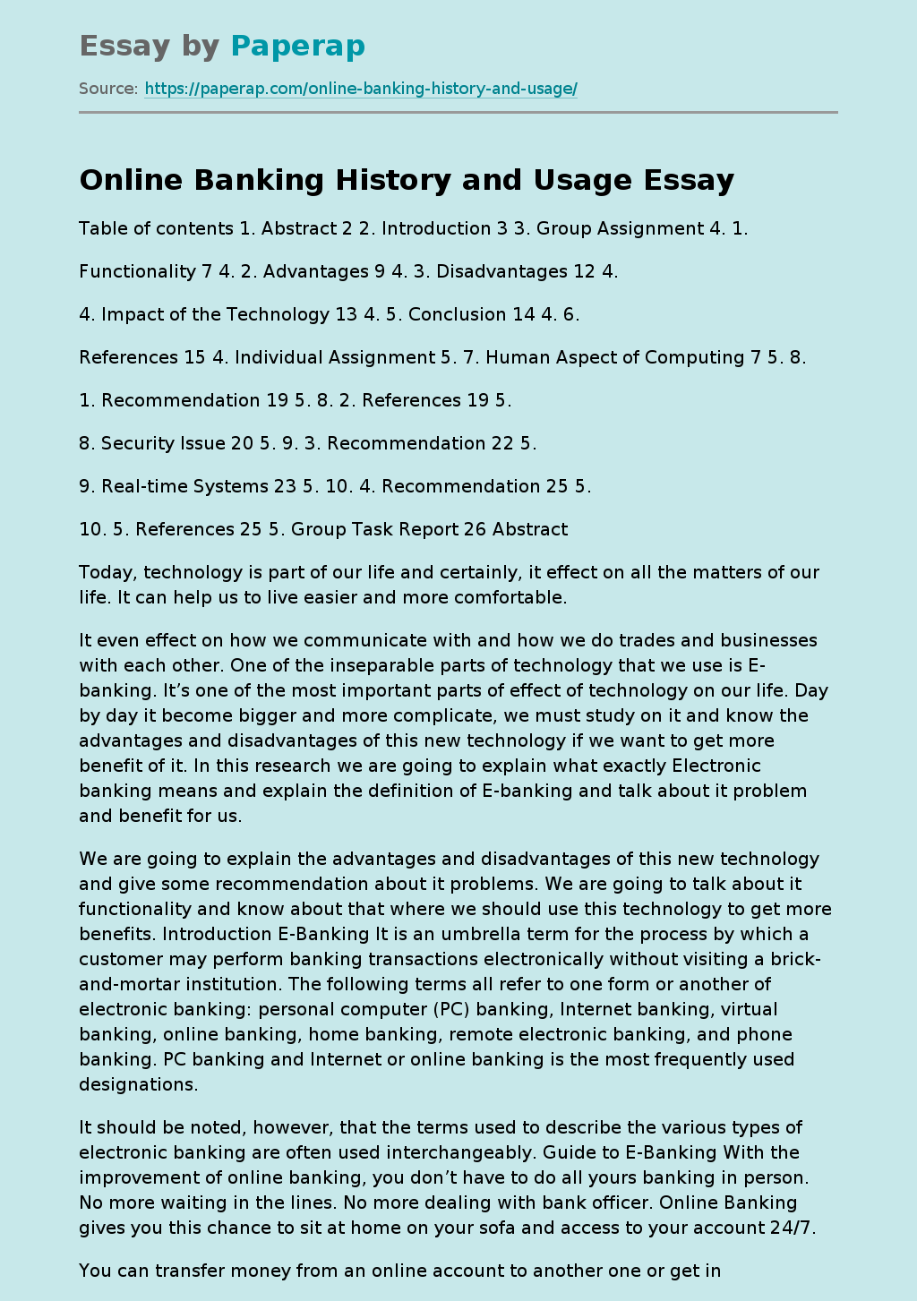 Online Banking History and Usage Free Essay Example