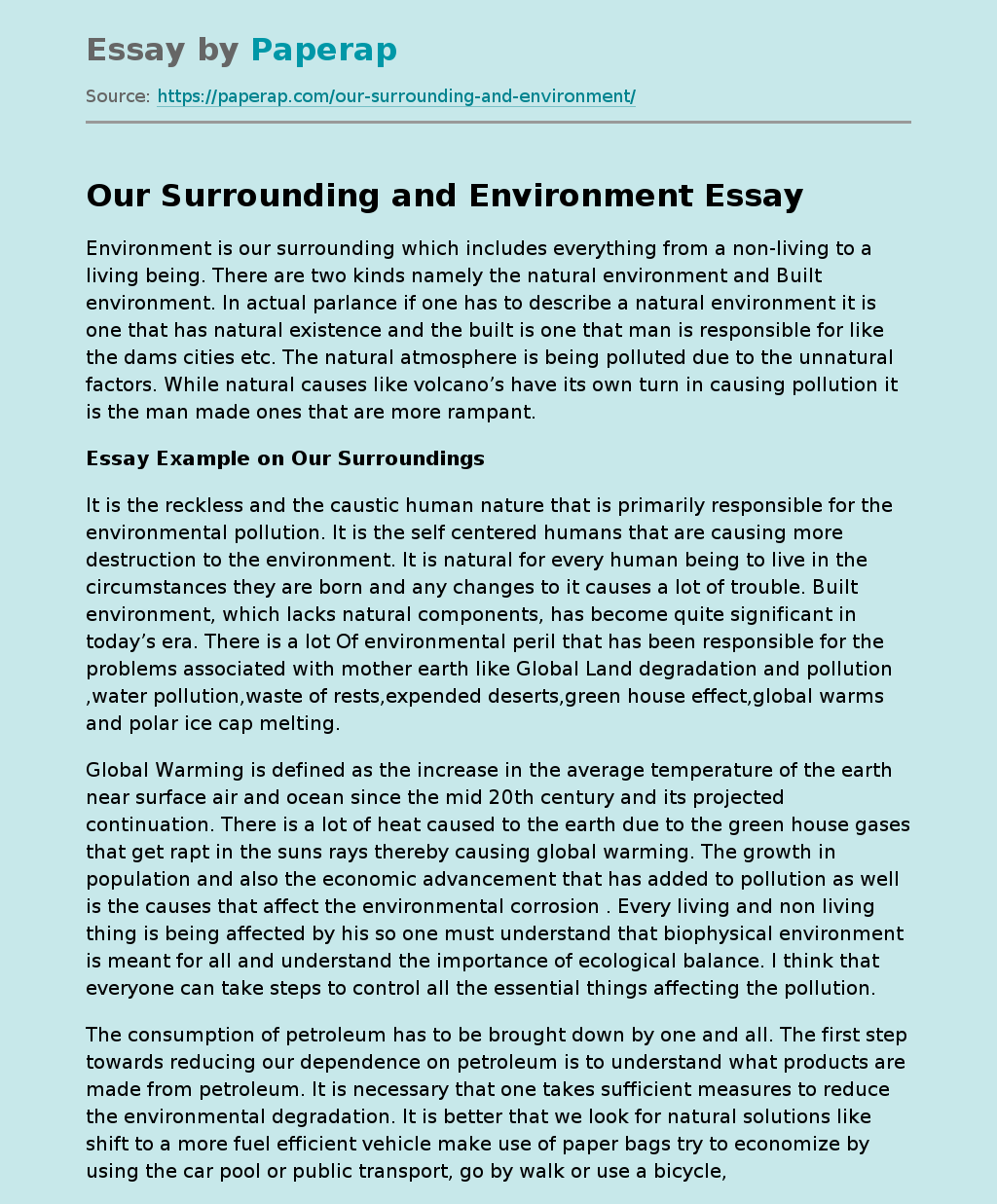 Our Surrounding and Environment Free Essay Example