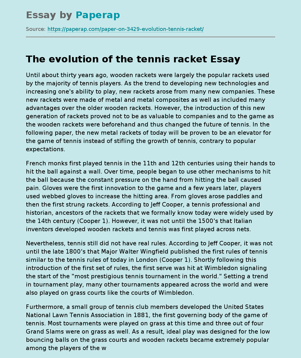 The evolution of the tennis racket Free Essay Example