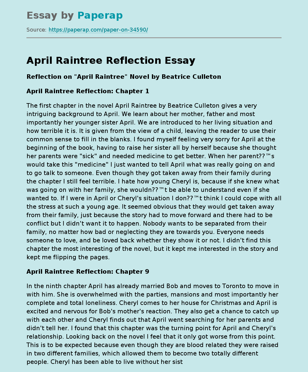 April Raintree Reflection Summary Essay Example