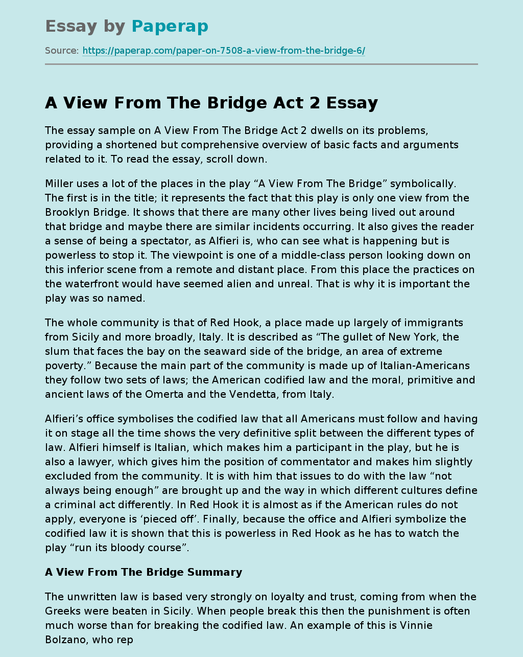 A View From The Bridge Act 2 Free Essay Example